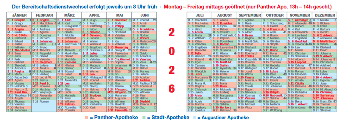 Darstellung des 2026 Bereitsschaftsdienstplan der Stadtapotheke Fürstenfeld